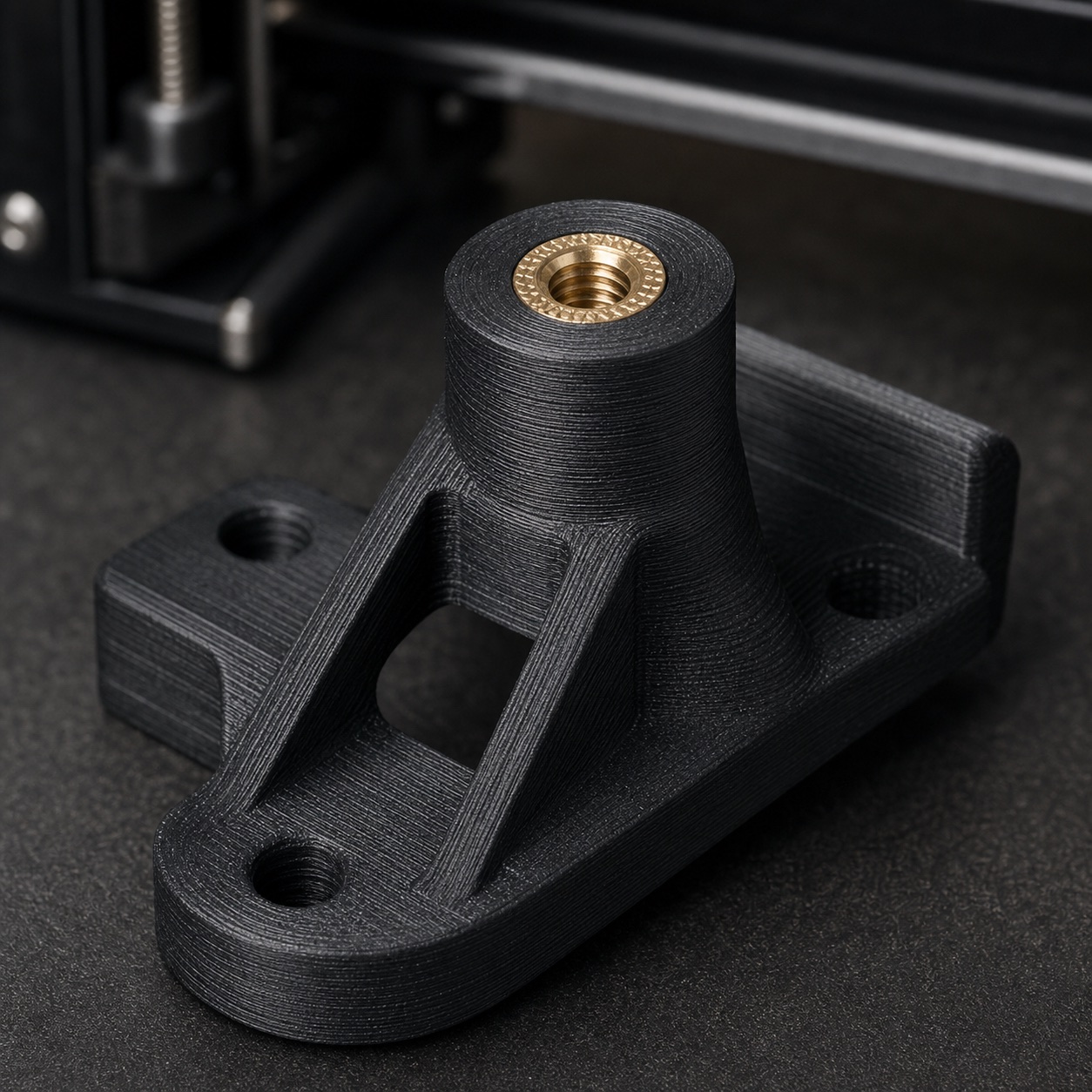Brass threaded insert installed flush in a black FDM 3D-printed mounting bracket