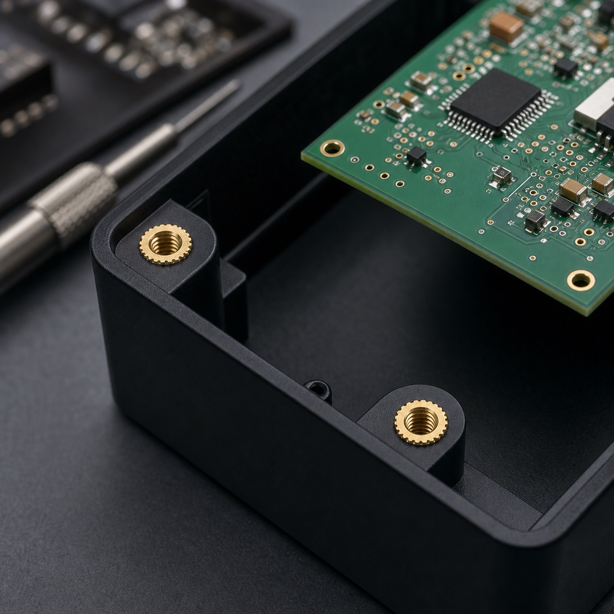 Brass threaded inserts in the mounting bosses of a black electronics enclosure