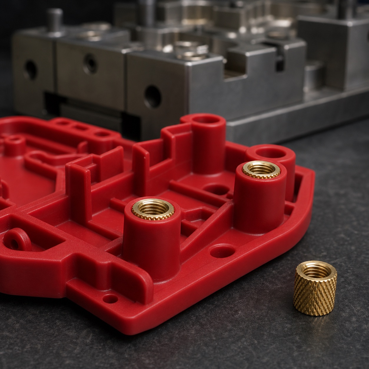 Brass threaded inserts installed in molded bosses of a red injection-molded housing